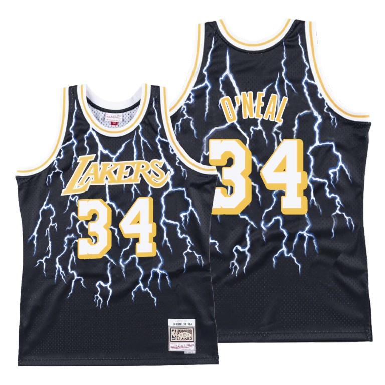 Men's Los Angeles Lakers Shaquille O'Neal #34 NBA Lightning Hardwood Classics Black Basketball Jersey HFO2483QY